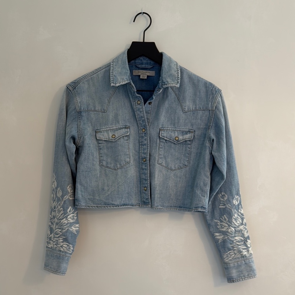 Denim Cropped Jacket with Floral Embroidery